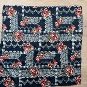 Vintage Black Floral Satin Lightweight Boho Cottage Square Scarf